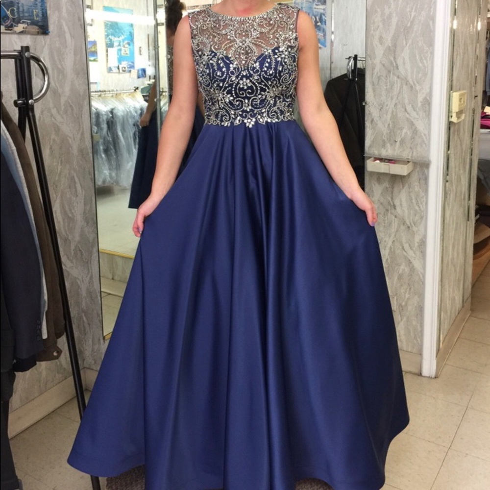 Navy blue and silver prom dress